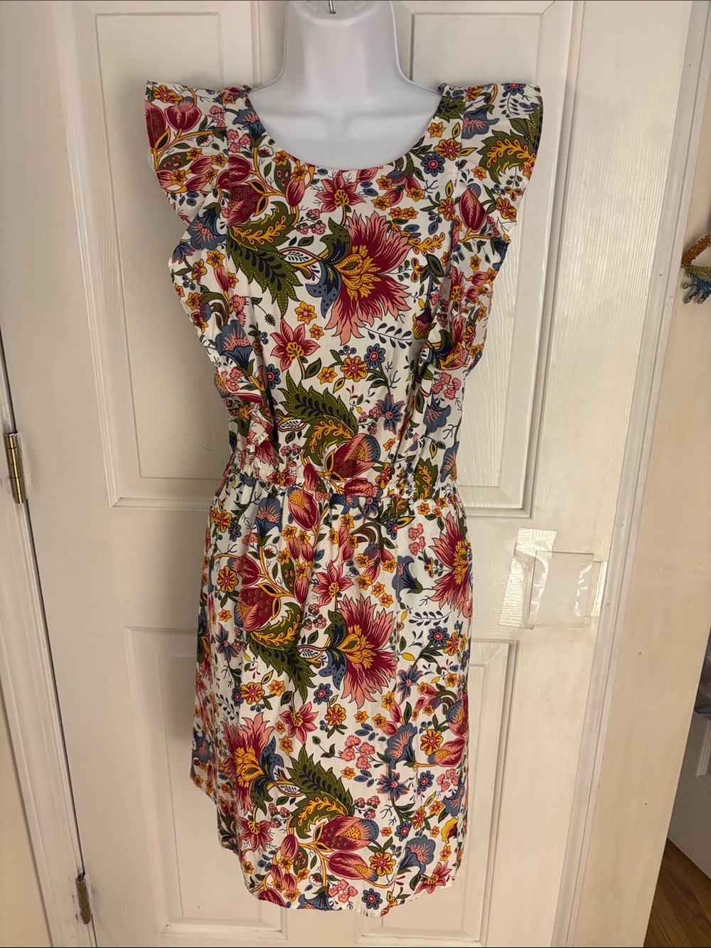 City Streets White Floral Ruffle Mini Dress with Pink & Green